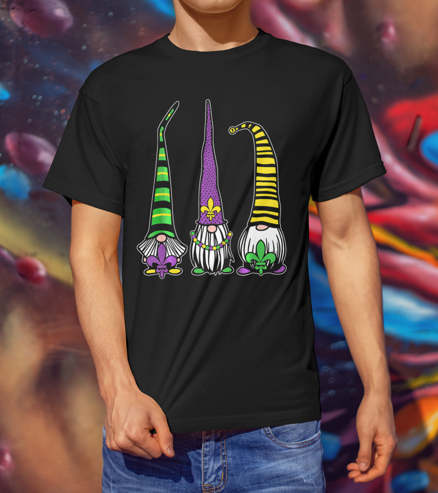 Cute Gnomes Mardi Gras Tuesday Gnome Bea Festival Fleur De Lis T-Shirt