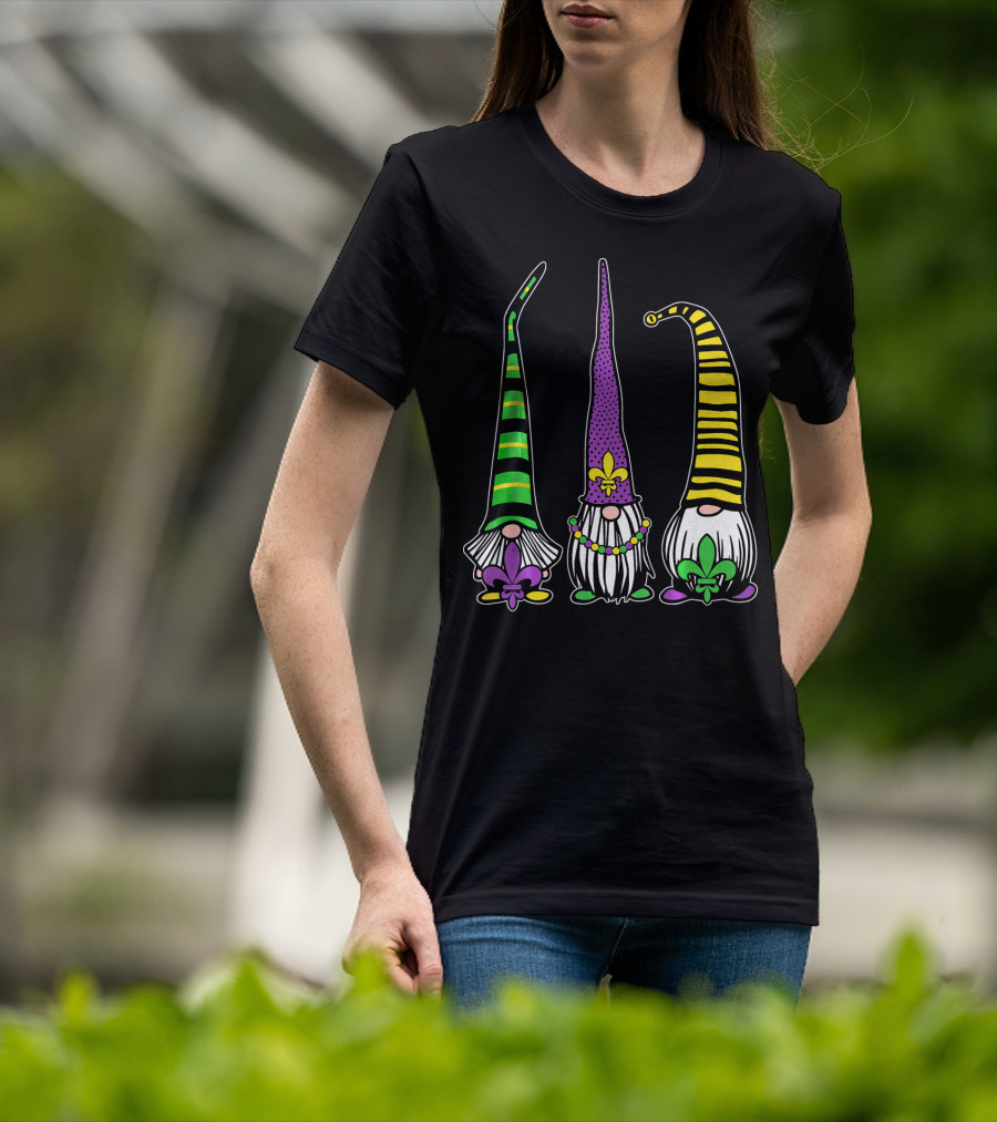 Cute Gnomes Mardi Gras Tuesday Gnome Bea Festival Fleur De Lis T-Shirt
