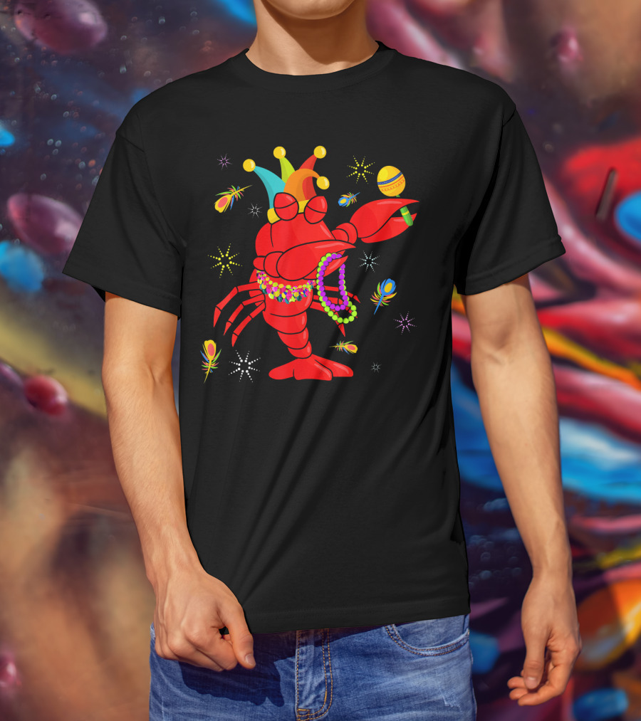 Mardi Gras Crawfish Dabbing Jester Hat Beads Feathers T-Shirt