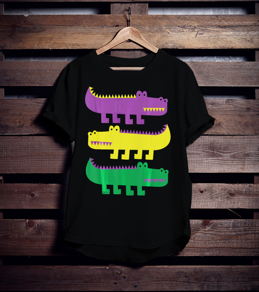 Mardi Gras Happy Alligator Crocodile Fun Purple Yellow Green Trio T-Shirt
