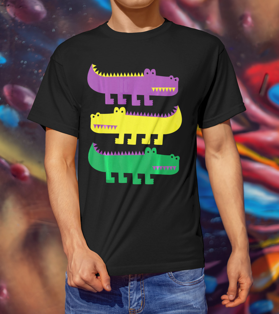 Mardi Gras Happy Alligator Crocodile Fun Purple Yellow Green Trio T-Shirt