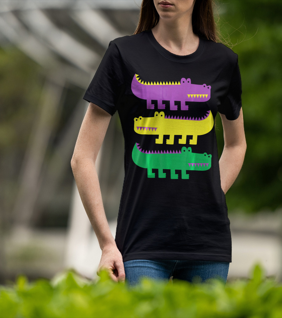 Mardi Gras Happy Alligator Crocodile Fun Purple Yellow Green Trio T-Shirt