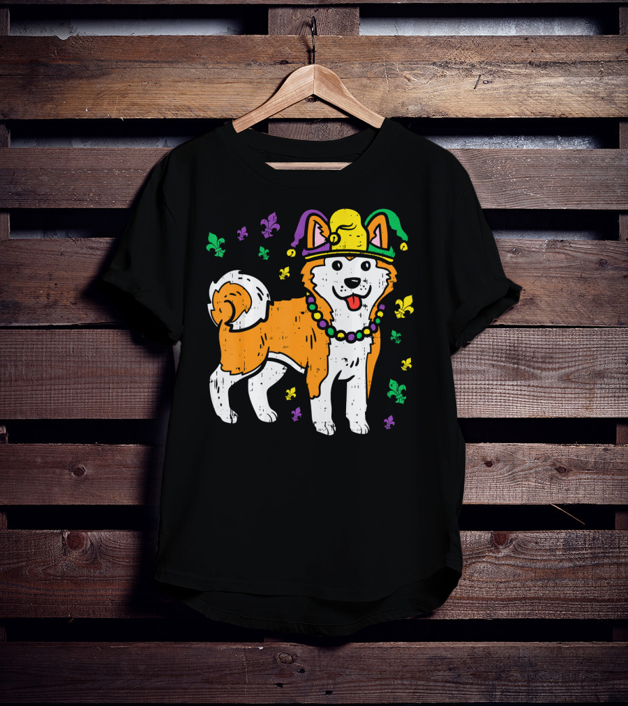 Jester Shiba Inu Akita Japanese Dog Mardi Gras Fleur-de-Lis T-Shirt