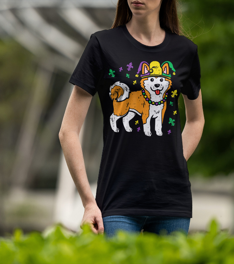 Jester Shiba Inu Akita Japanese Dog Mardi Gras Fleur-de-Lis T-Shirt