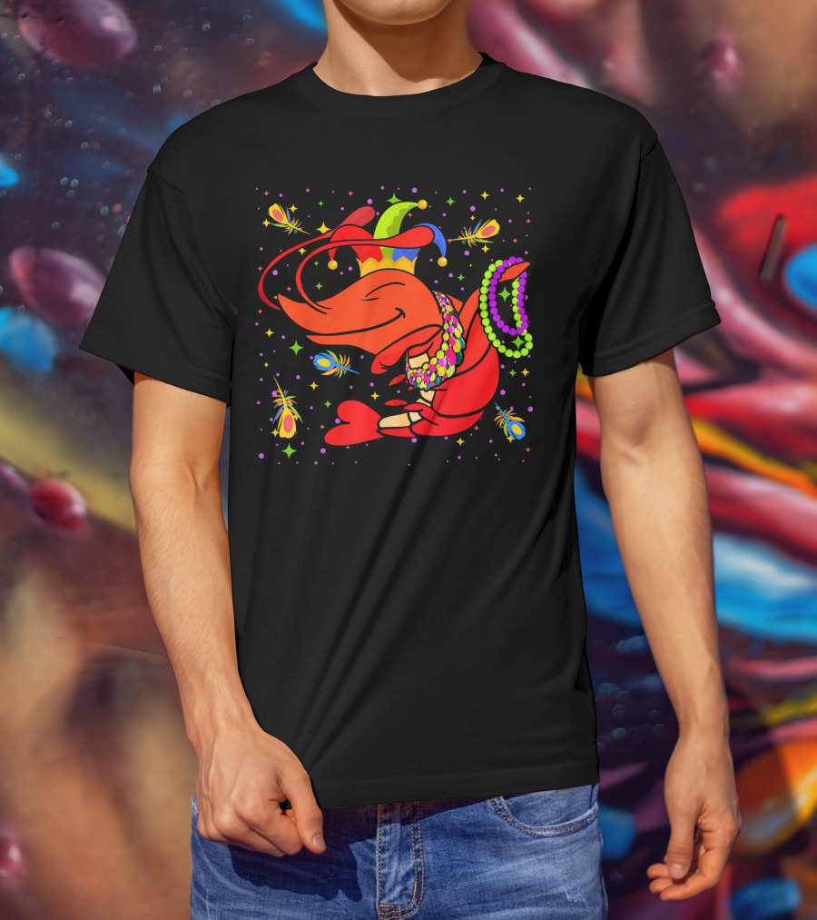 Dabbing Crawfish With Beads And Jester Hat Mardi Gras T-Shirt