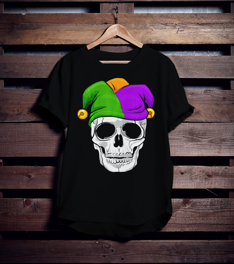 Mardi Gras New Orleans Skull With Colorful Jester Hat T-Shirt