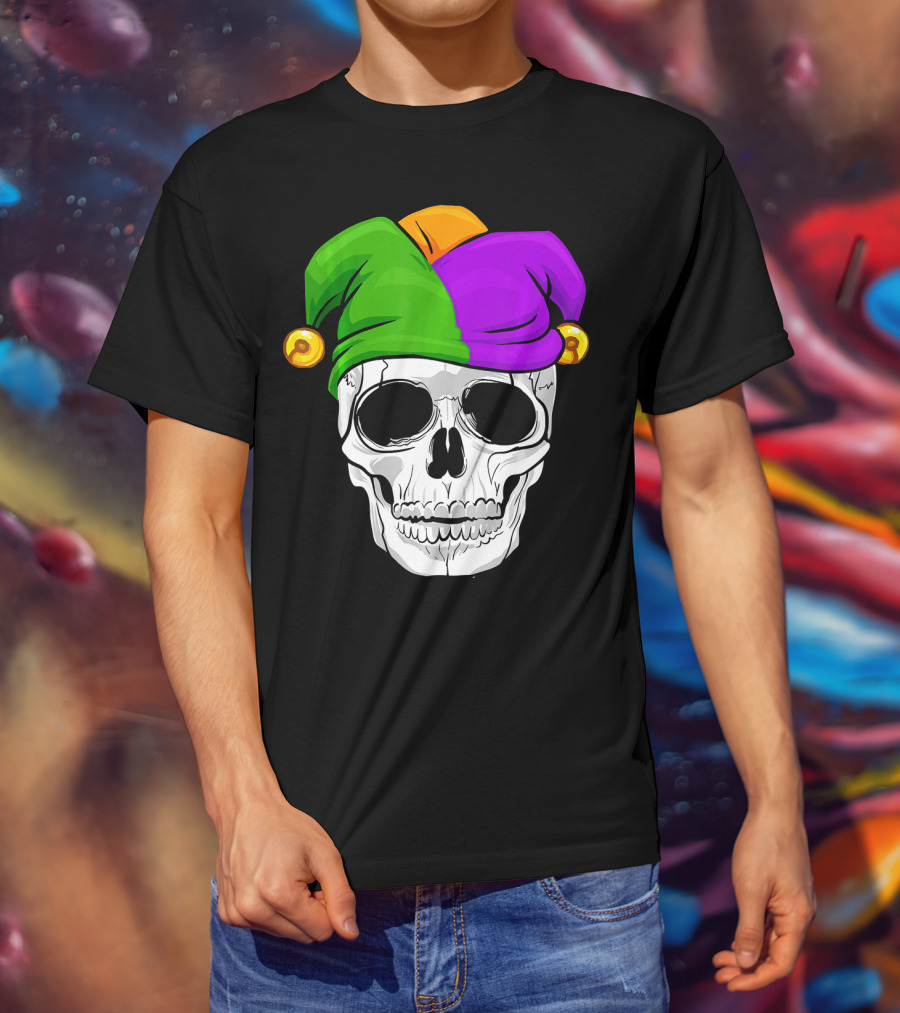 Mardi Gras New Orleans Skull With Colorful Jester Hat T-Shirt