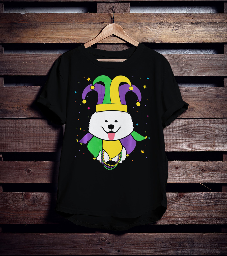 Funny Samoyed With Jester Hat And Mardi Gras Colors T-Shirt