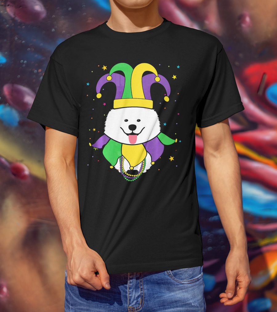 Funny Samoyed With Jester Hat And Mardi Gras Colors T-Shirt