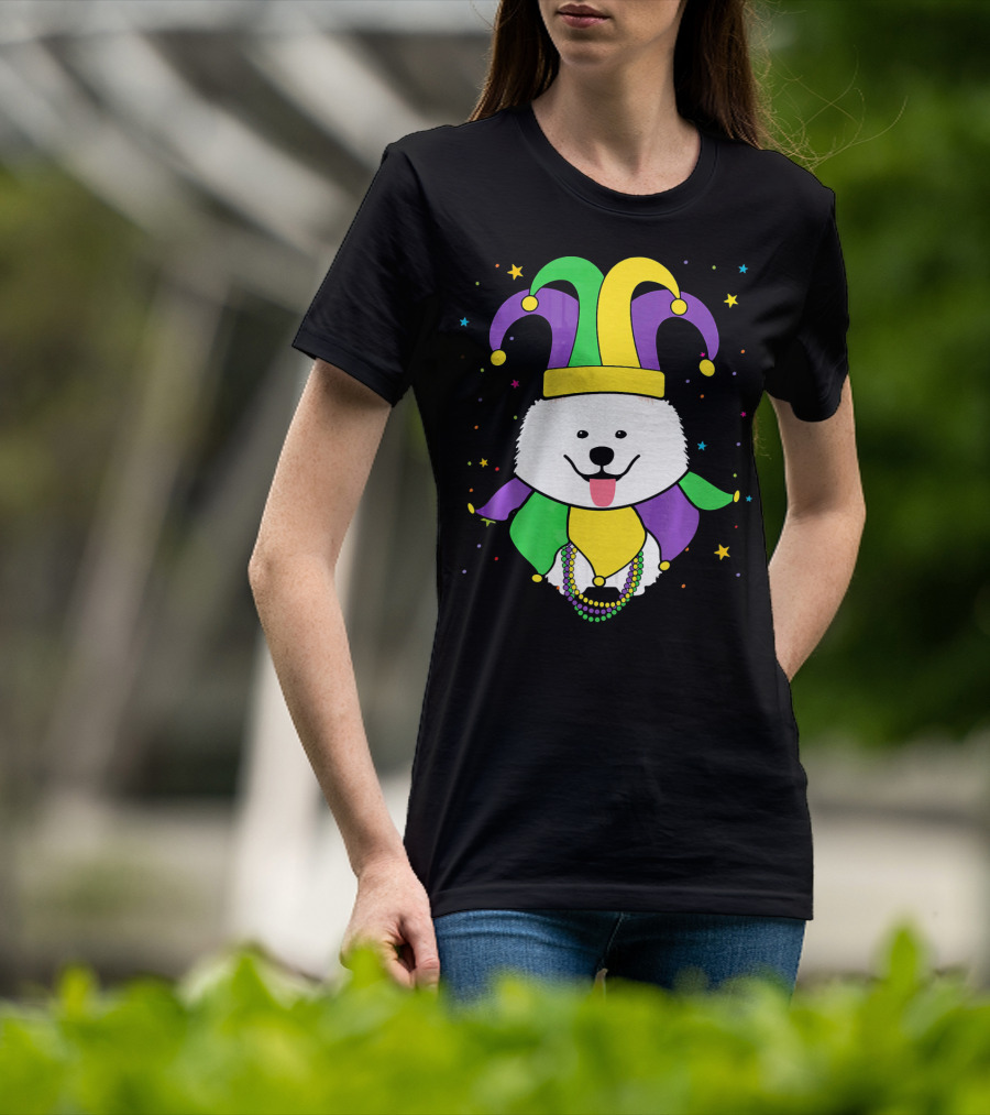 Funny Samoyed With Jester Hat And Mardi Gras Colors T-Shirt