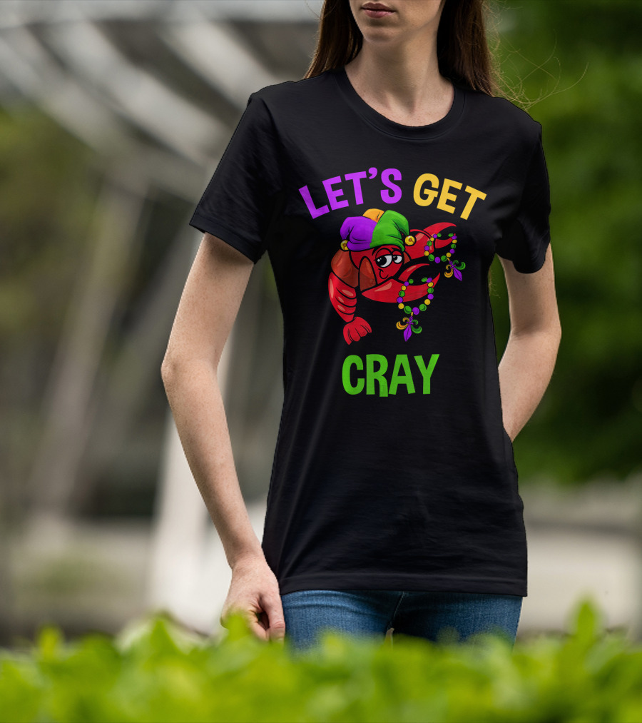 Let's Get Cray Funny Mardi Gras Crawfish With Beads And Jester Hat T-Shirt