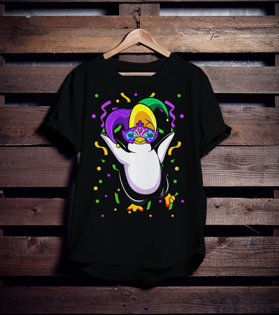 Mardi Gras Penguin With Colorful Jester Hat And Mask T-Shirt
