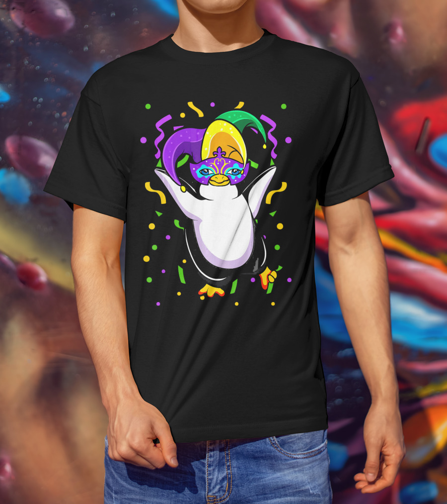 Mardi Gras Penguin With Colorful Jester Hat And Mask T-Shirt