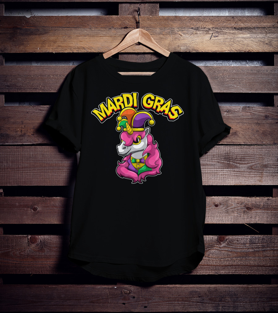 Mardi Gras Unicorn In Jester Hat With Colorful Costume T-Shirt