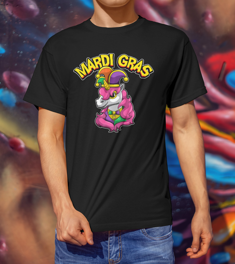 Mardi Gras Unicorn In Jester Hat With Colorful Costume T-Shirt