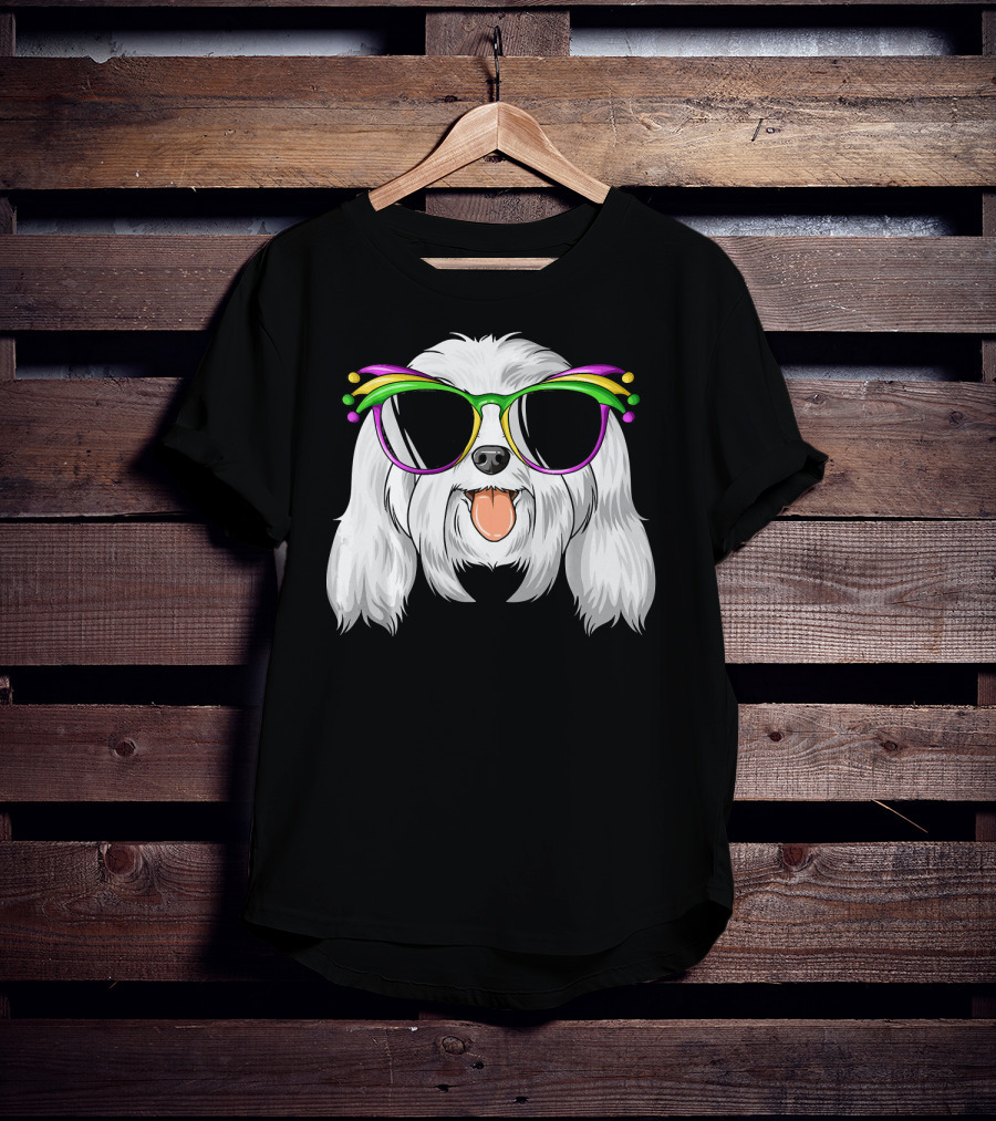 Maltese Dog With Mardi Gras Carnival Mask And Sunglasses T-Shirt