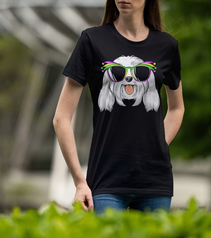 Maltese Dog With Mardi Gras Carnival Mask And Sunglasses T-Shirt