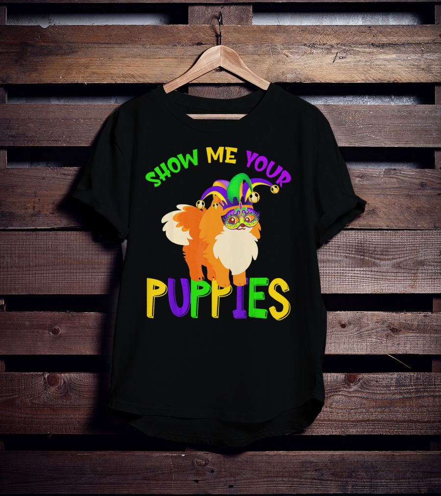Show Me Your Puppies Pomeranian Jester Mask Colorful Fun T-Shirt