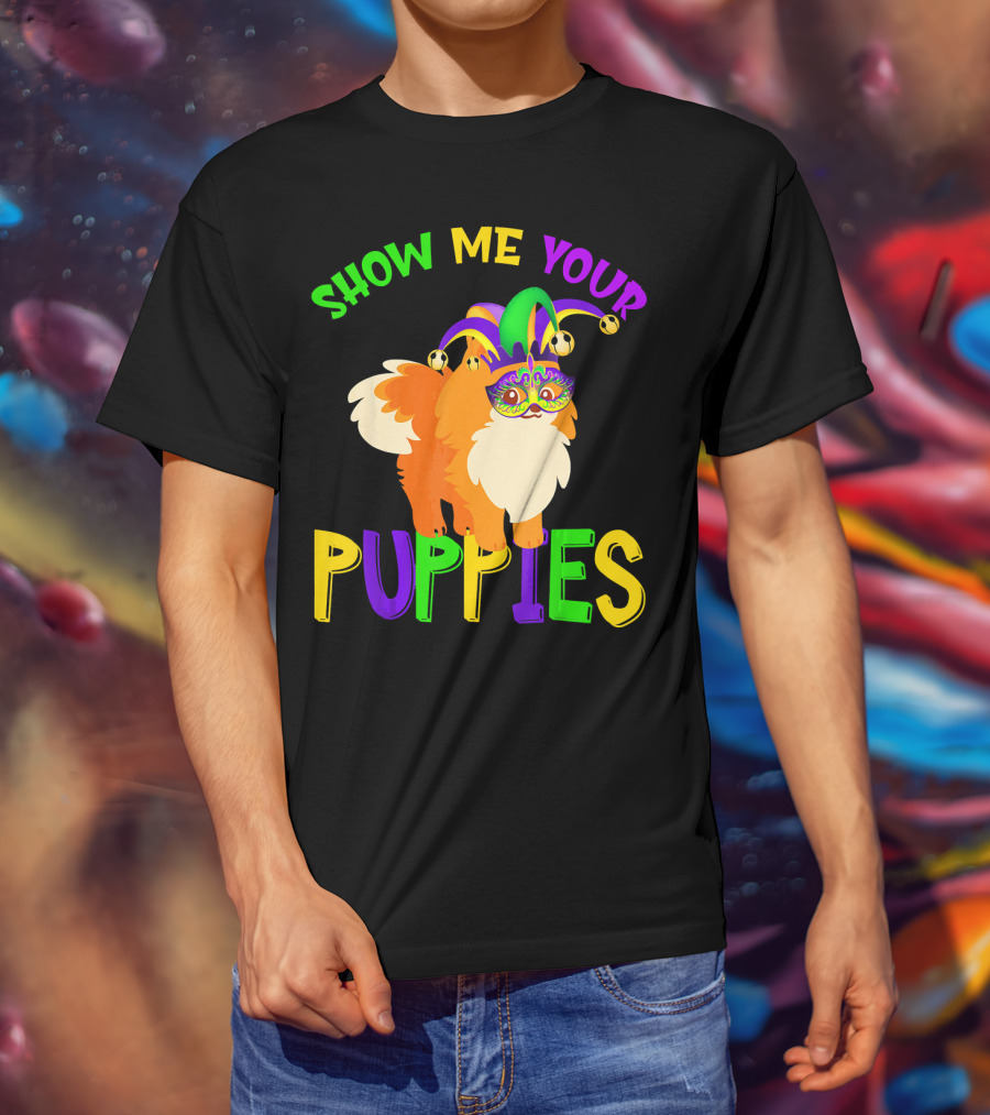 Show Me Your Puppies Pomeranian Jester Mask Colorful Fun T-Shirt