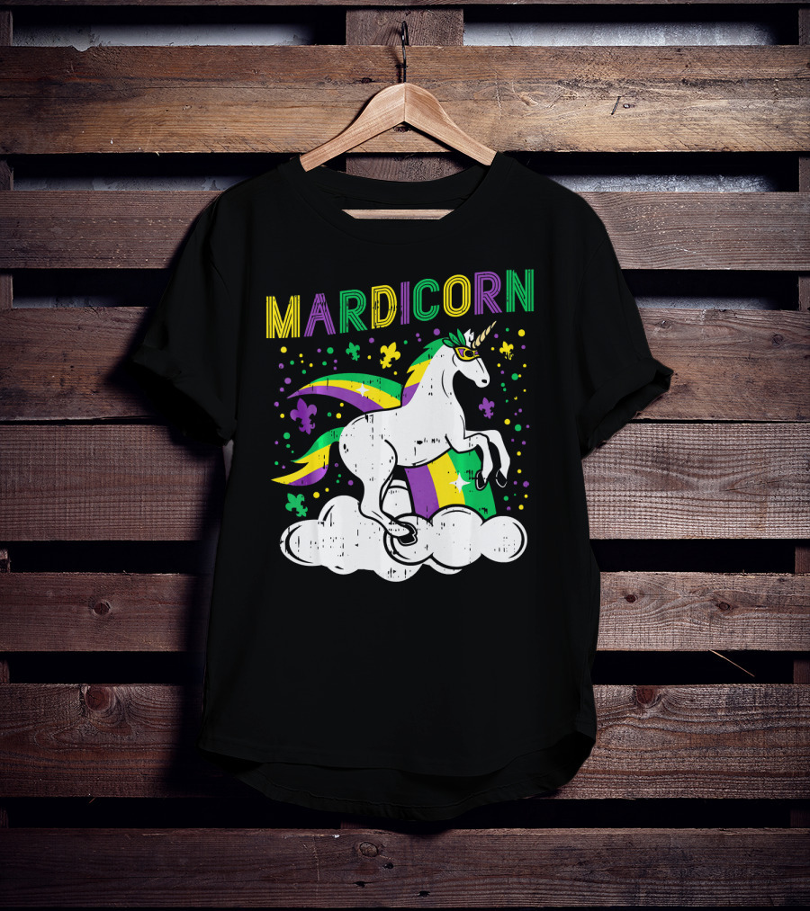 Mardicorn Retro Unicorn Jester Animal Mardi Gras Fleur-de-Lis Clouds T-Shirt