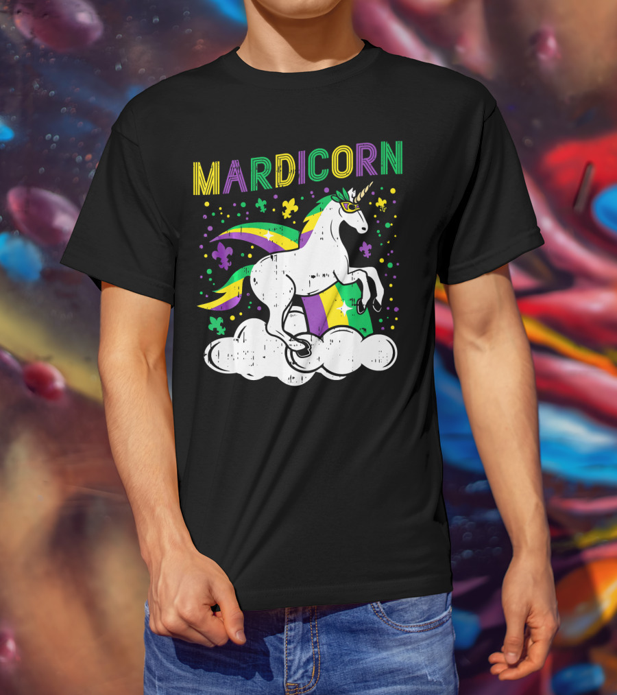 Mardicorn Retro Unicorn Jester Animal Mardi Gras Fleur-de-Lis Clouds T-Shirt
