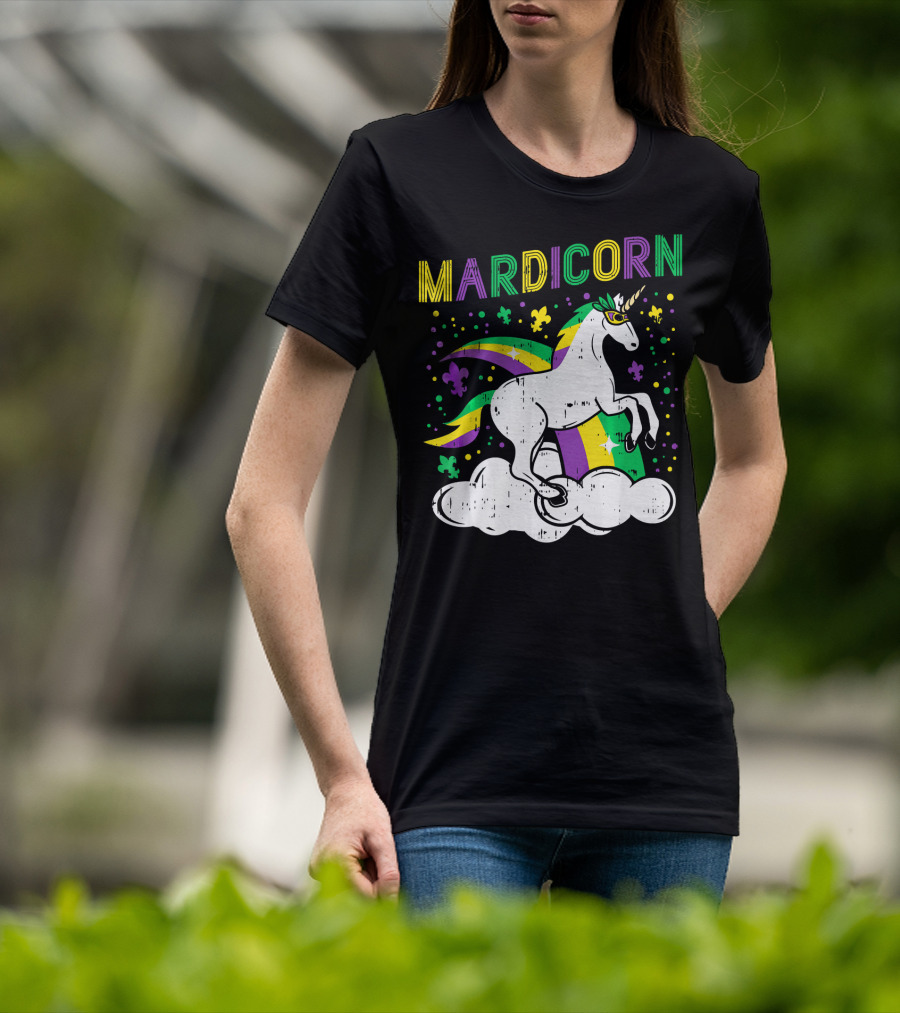 Mardicorn Retro Unicorn Jester Animal Mardi Gras Fleur-de-Lis Clouds T-Shirt