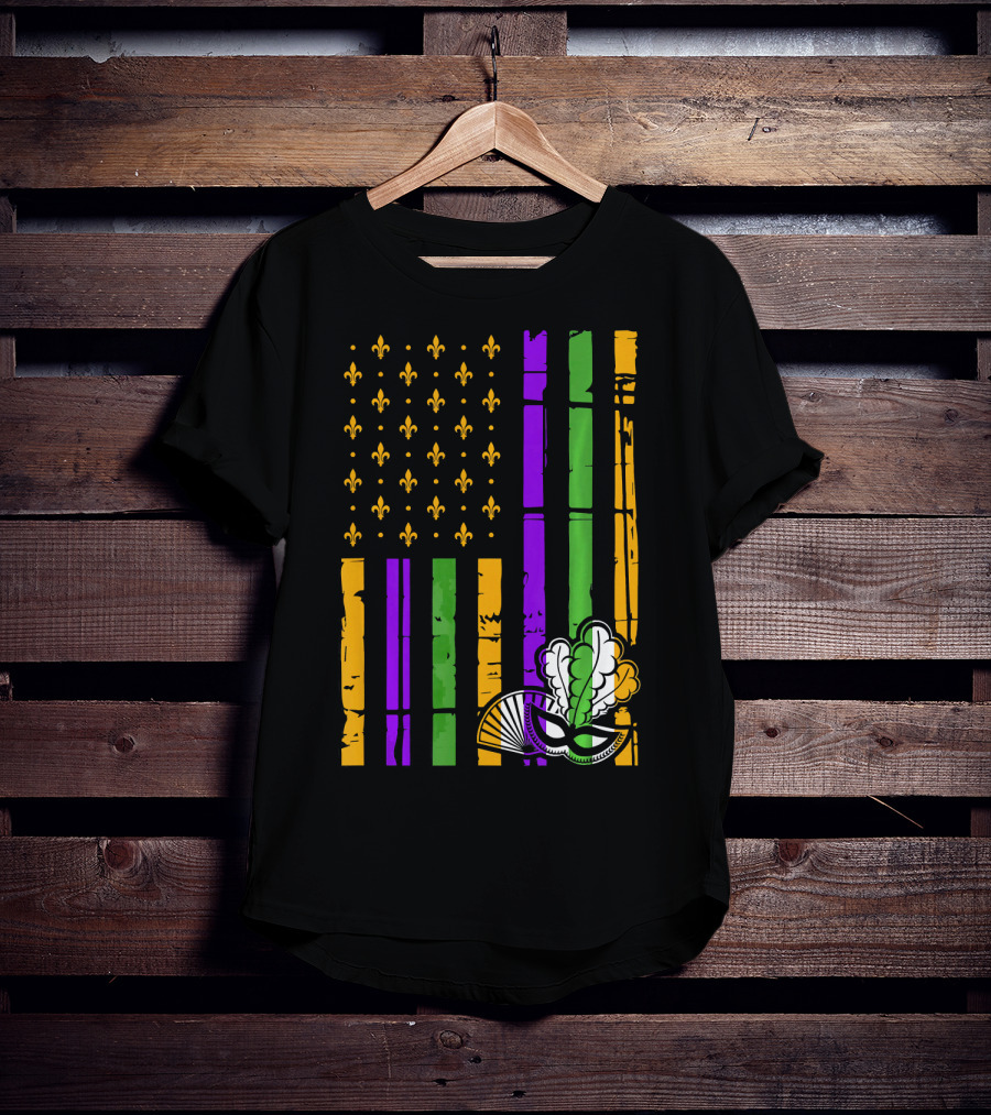 US Mardi Gras Celebration Flag Fleur De Lis Mask T-Shirt