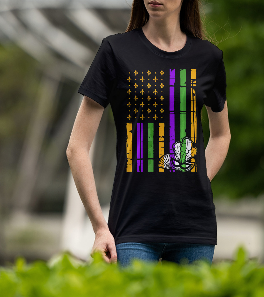 US Mardi Gras Celebration Flag Fleur De Lis Mask T-Shirt