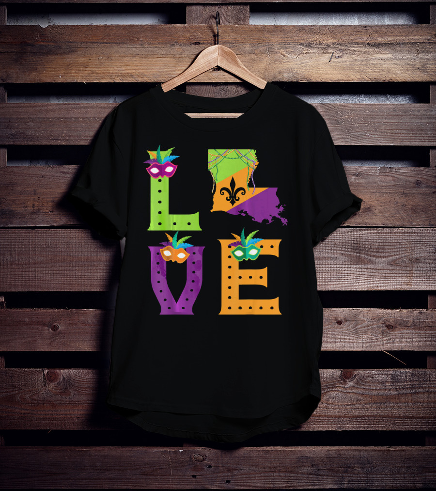 Love Mardi Gras Louisiana Fleur-de-lis Mask Beads T-Shirt