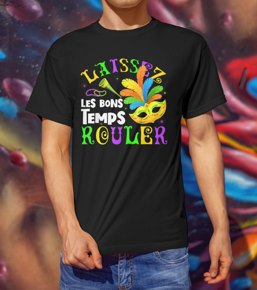 Laissez Les Bons Temps Rouler Mardi Gras Mask Beads Horn T-Shirt