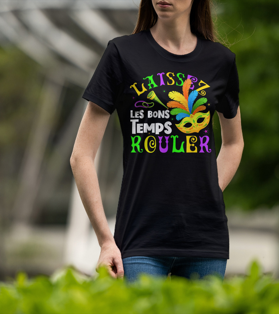 Laissez Les Bons Temps Rouler Mardi Gras Mask Beads Horn T-Shirt