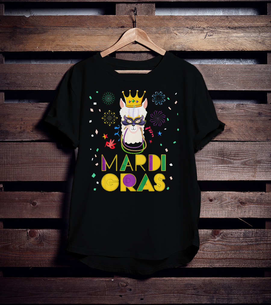 Mardi Gras Llama Alpaca Crowns Beads Fun Mask Fireworks T-Shirt