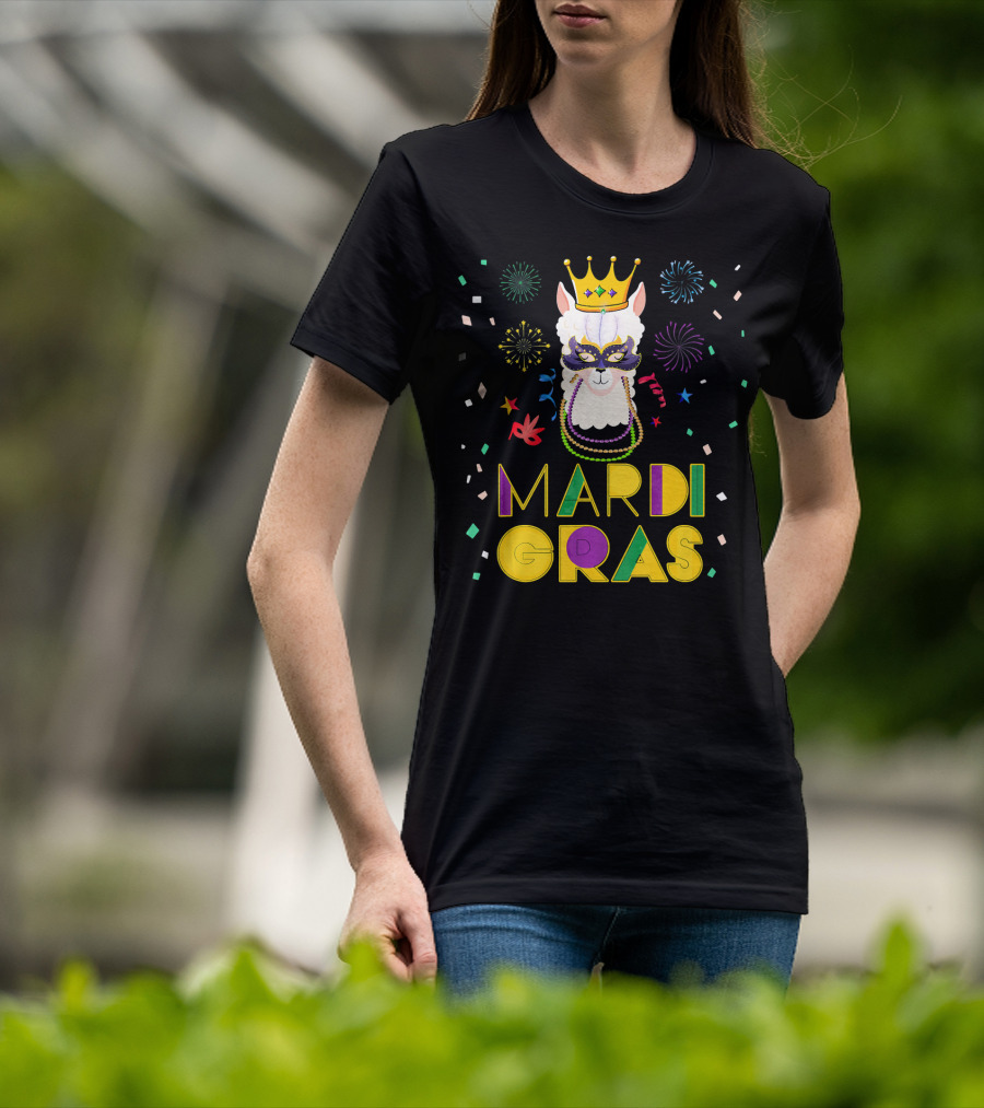 Mardi Gras Llama Alpaca Crowns Beads Fun Mask Fireworks T-Shirt