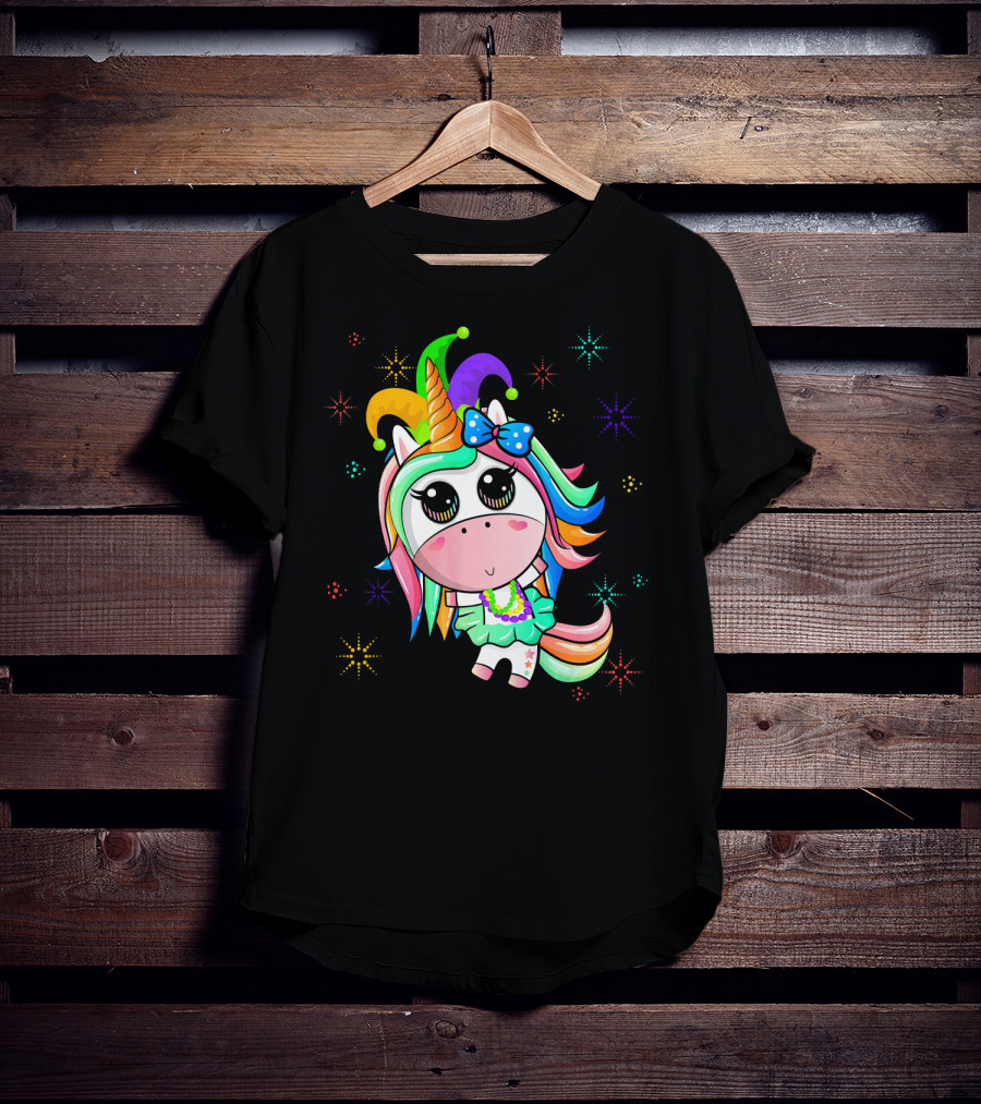 Mardi Gras Unicorn With Colorful Beads And Jester Hat T-Shirt