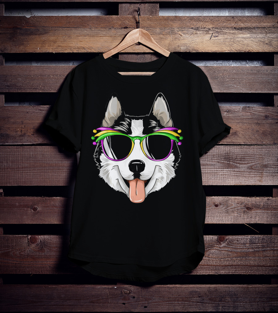 Husky Mardi Gras Carnival Mask Sunglasses Dog T-Shirt