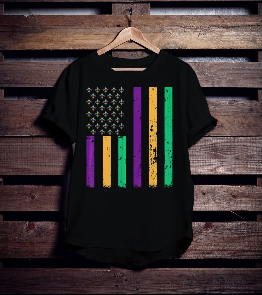Vintage Fleur-de-Lis Mardi Gras American Flag T-Shirt