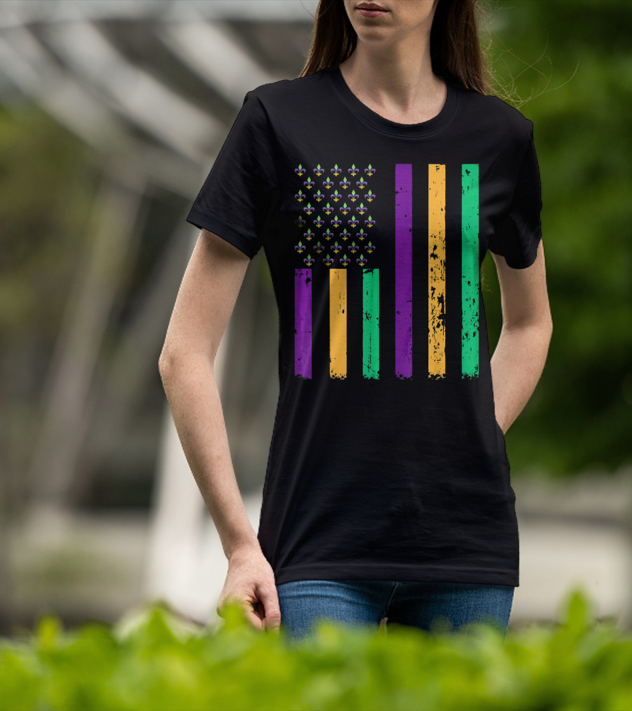 Vintage Fleur-de-Lis Mardi Gras American Flag T-Shirt