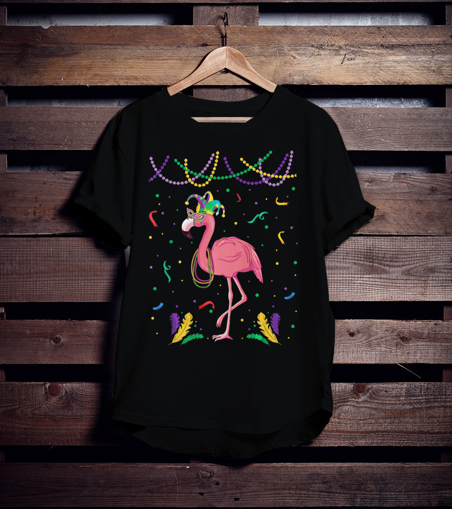 Flamingo Mardi Gras Beads And Mask T-Shirt