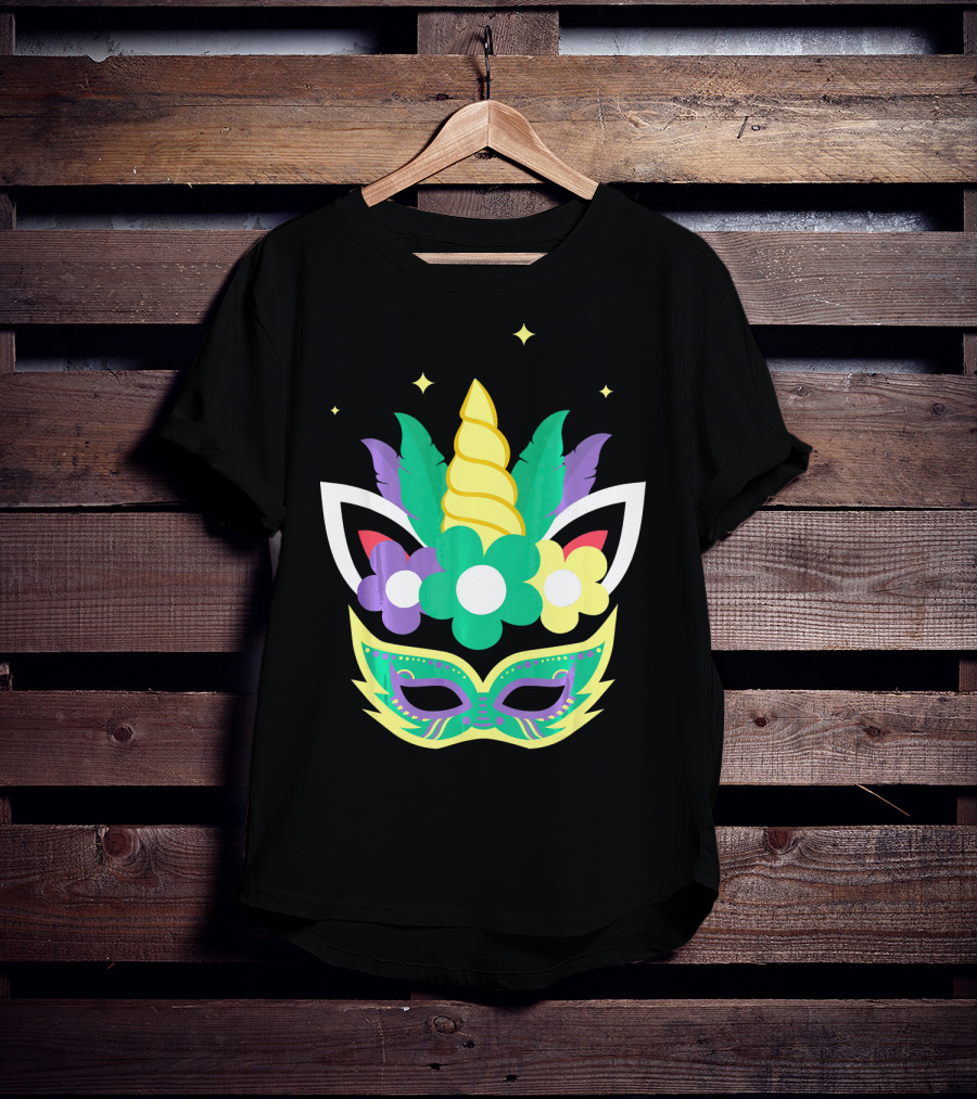 Unicorn Mardi Gras Mask With Flowers And Stars T-Shirt