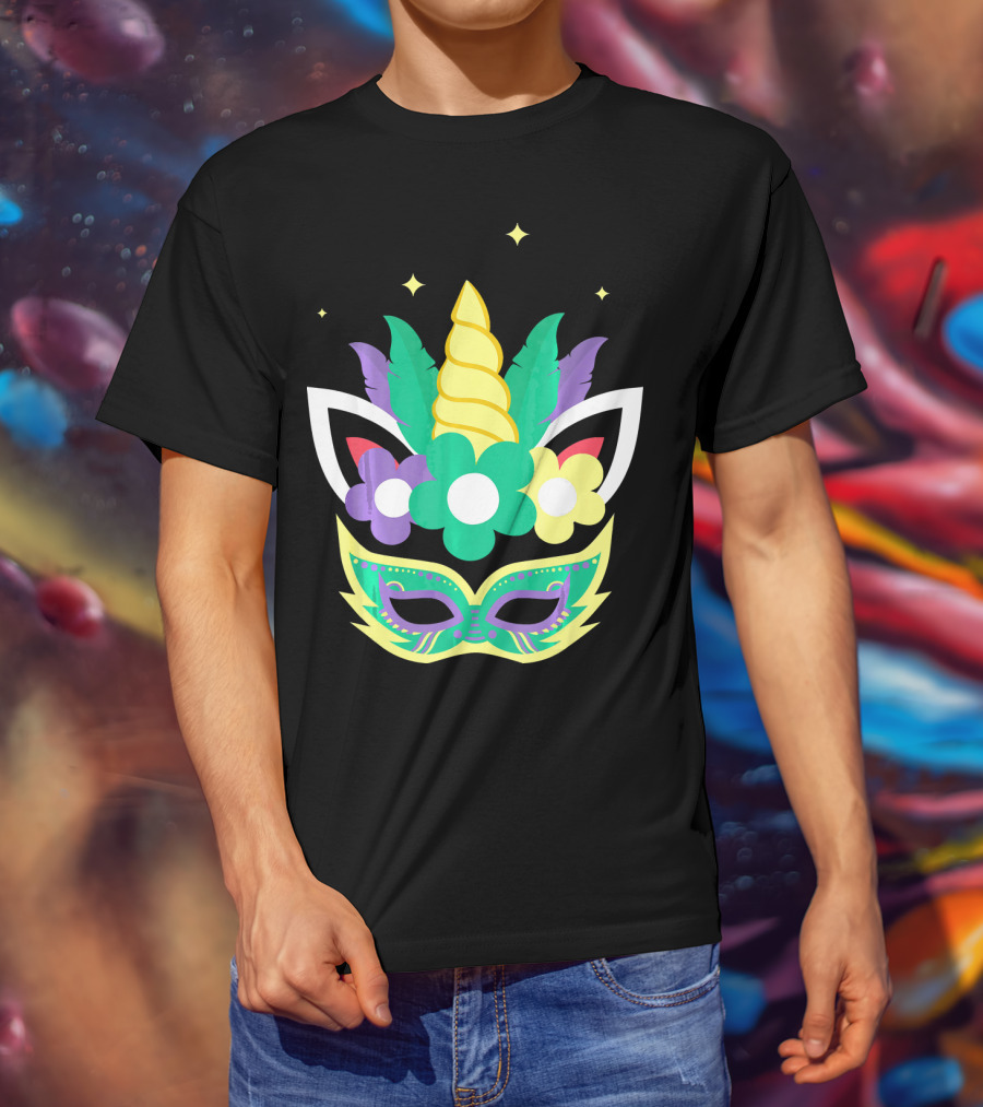 Unicorn Mardi Gras Mask With Flowers And Stars T-Shirt