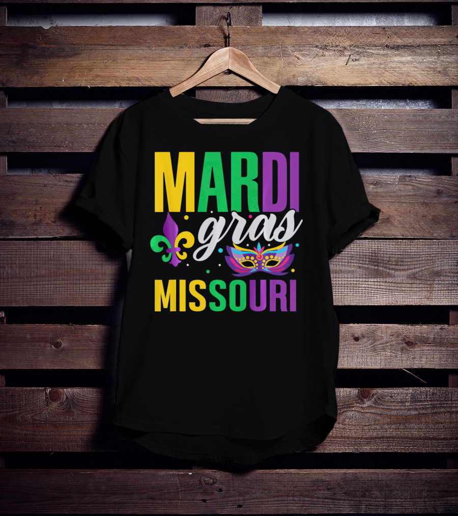 Mardi Gras Missouri Parade Beads Fleur-de-Lis Mask T-Shirt