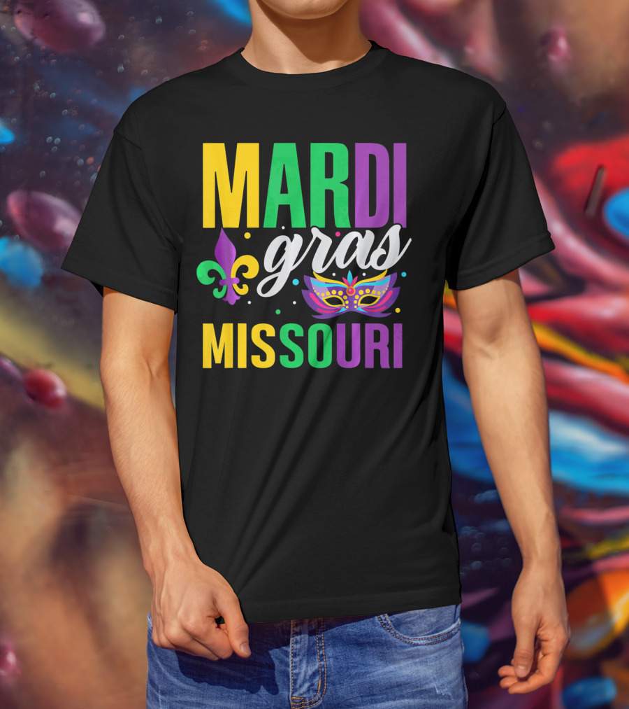 Mardi Gras Missouri Parade Beads Fleur-de-Lis Mask T-Shirt