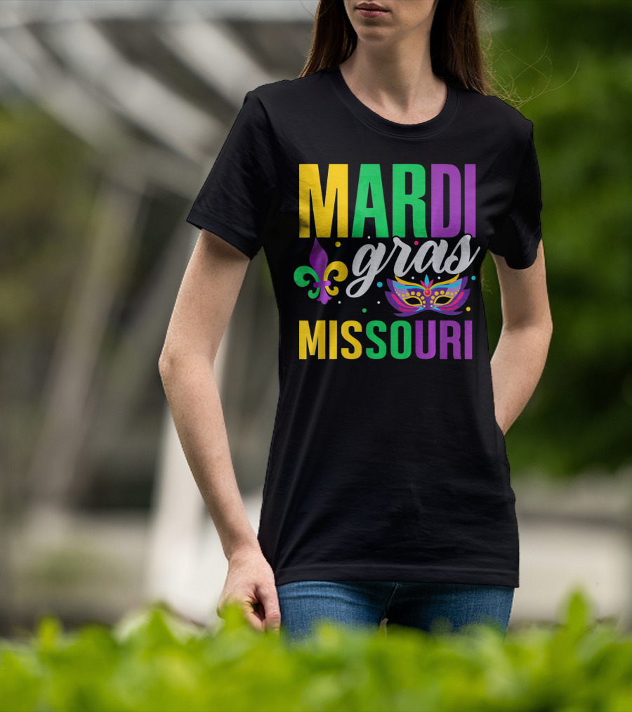 Mardi Gras Missouri Parade Beads Fleur-de-Lis Mask T-Shirt