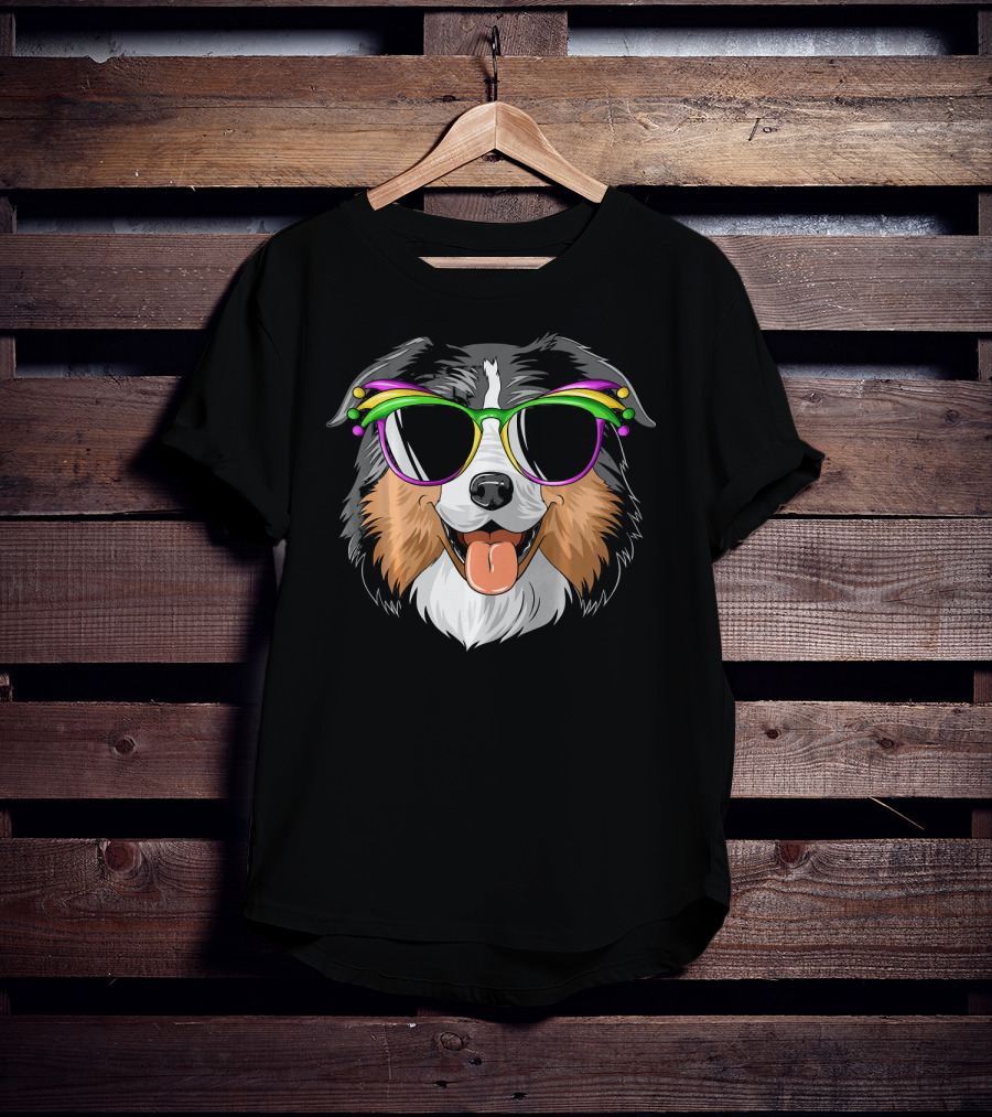 Australian Shepherd Dog Wearing Mardi Gras Festival Sunglasses T-Shirt
