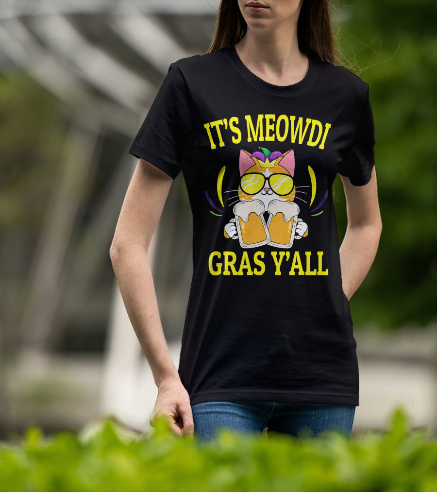 It's Meowdi Gras Y'all Cat With Beers And Sunglasses T-Shirt