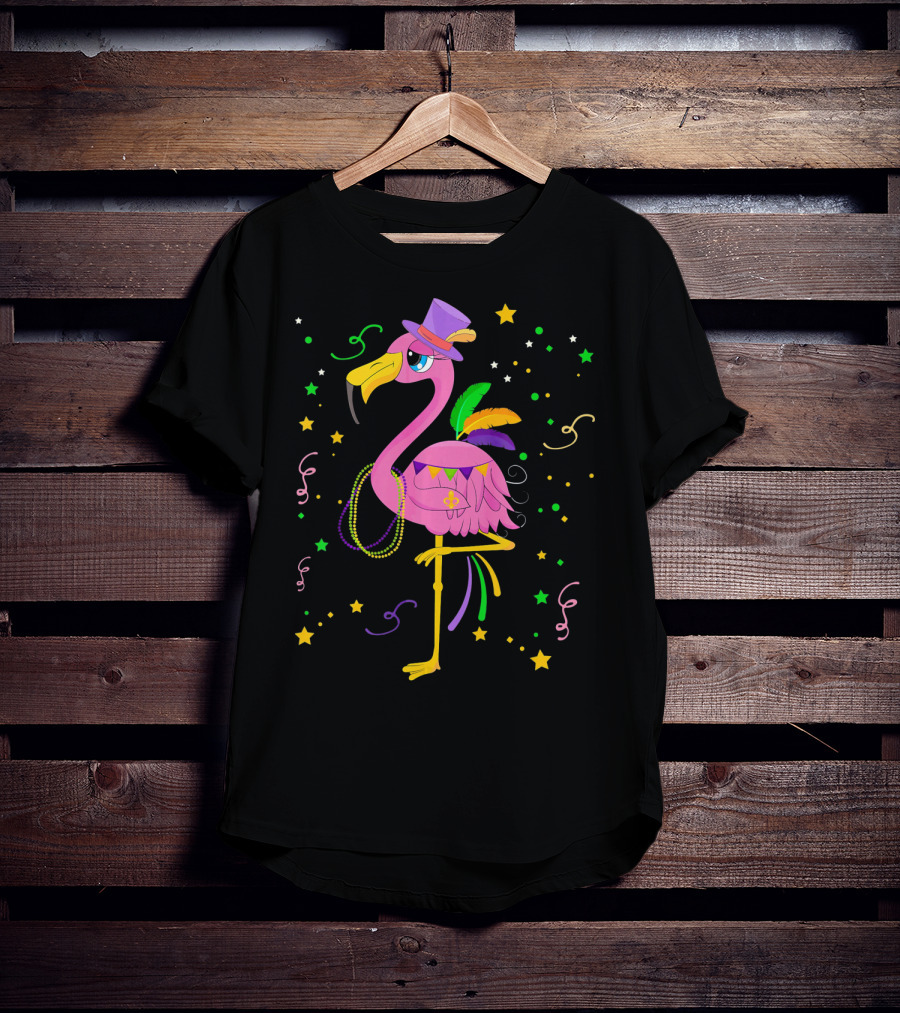 Mardi Gras Flamingo Carnival Festive Celebration With Colorful Beads And Stars T-Shirt