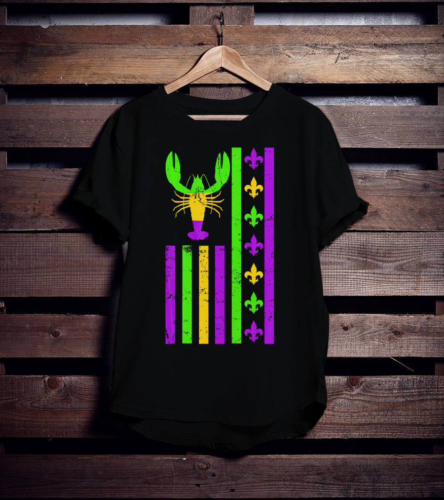 American Flag Mardi Gras Crawfish Fleur-de-Lis Stripes T-Shirt