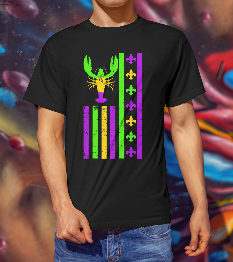American Flag Mardi Gras Crawfish Fleur-de-Lis Stripes T-Shirt