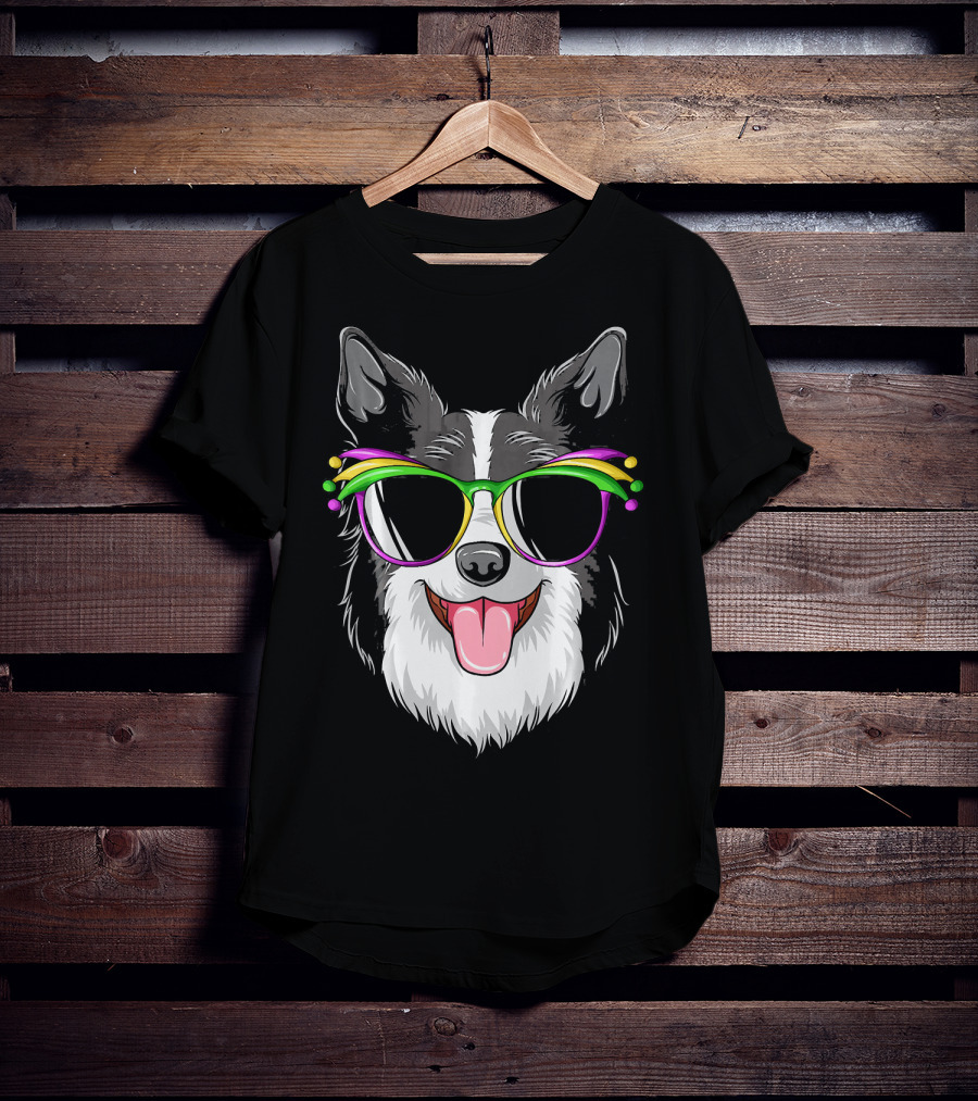 Collie Wearing Mardi Gras Carnival Mask With Colorful Glasses T-Shirt