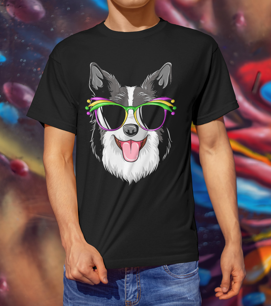 Collie Wearing Mardi Gras Carnival Mask With Colorful Glasses T-Shirt